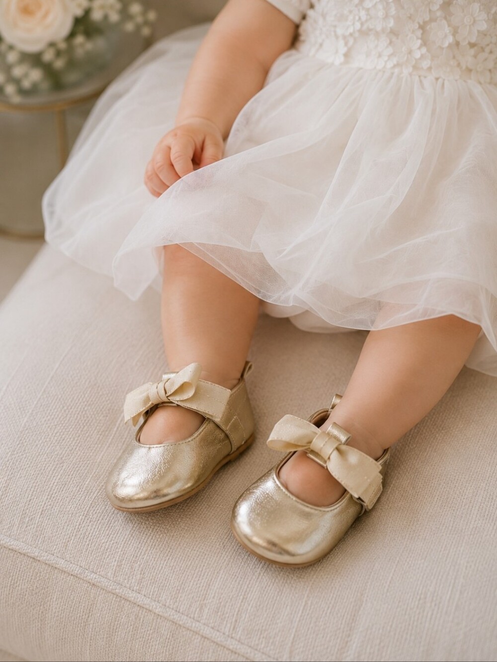 Country Road Gold Dress Shoes with Shimmery Finish and Bows | Baby 18